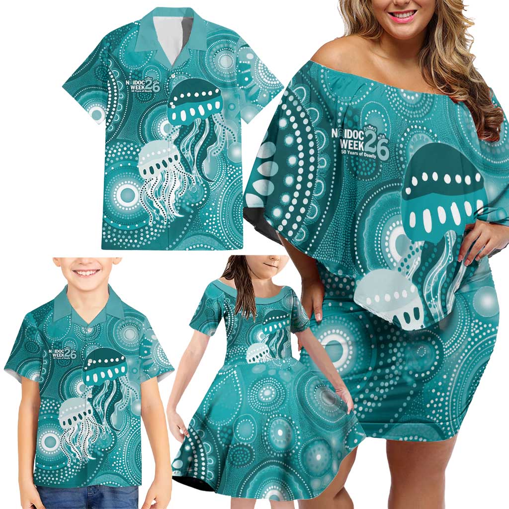 NAIDOC Deadly 50 Years Family Matching Off Shoulder Short Dress and Hawaiian Shirt Jellyfish Aboriginal Culture Inspired Turquoise