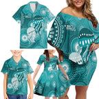 NAIDOC Deadly 50 Years Family Matching Off Shoulder Short Dress and Hawaiian Shirt Jellyfish Aboriginal Culture Inspired Turquoise