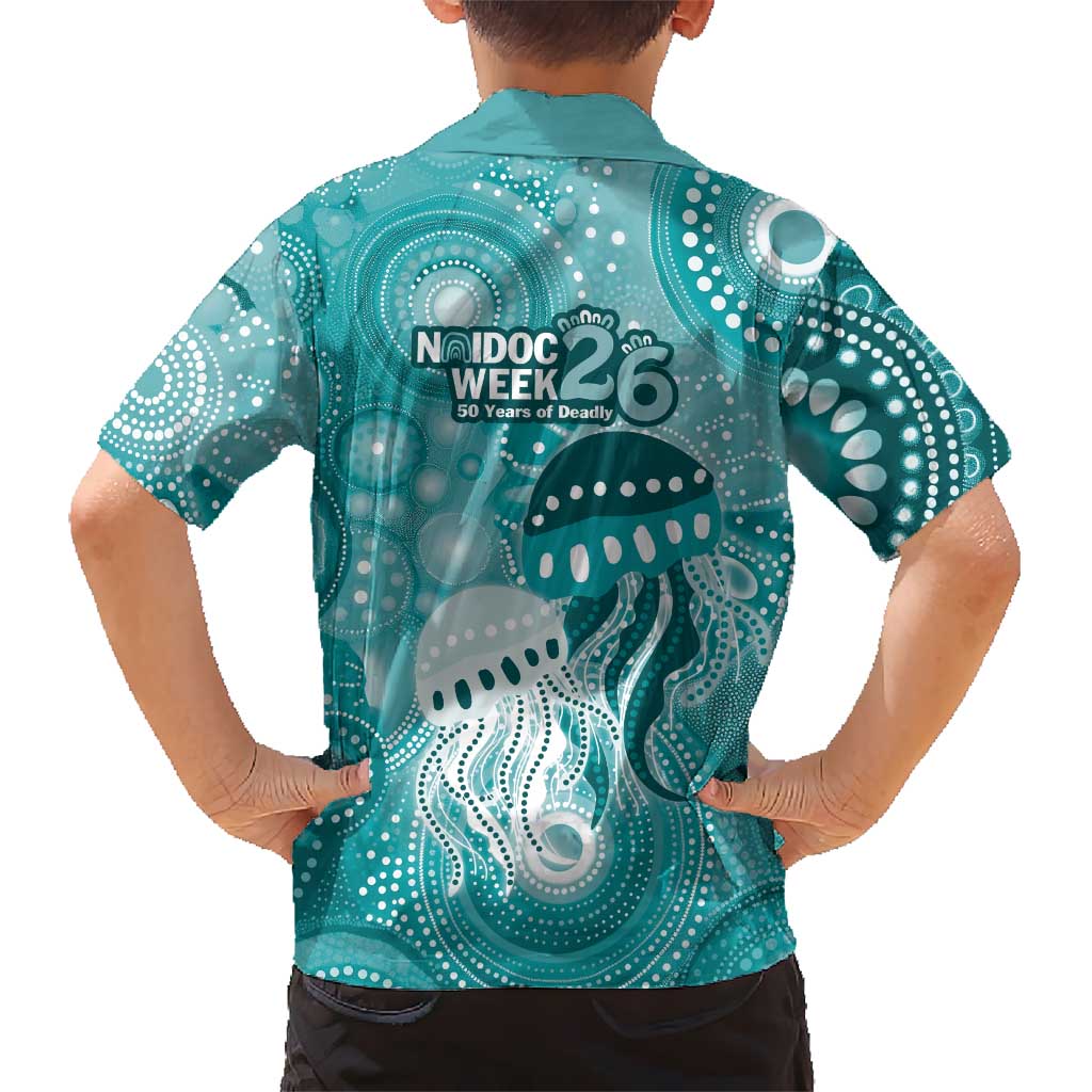 NAIDOC Deadly 50 Years Family Matching Off Shoulder Short Dress and Hawaiian Shirt Jellyfish Aboriginal Culture Inspired Turquoise