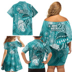 NAIDOC Deadly 50 Years Family Matching Off Shoulder Short Dress and Hawaiian Shirt Jellyfish Aboriginal Culture Inspired Turquoise