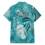 NAIDOC Deadly 50 Years Family Matching Off Shoulder Short Dress and Hawaiian Shirt Jellyfish Aboriginal Culture Inspired Turquoise