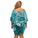 NAIDOC Deadly 50 Years Family Matching Off Shoulder Short Dress and Hawaiian Shirt Jellyfish Aboriginal Culture Inspired Turquoise