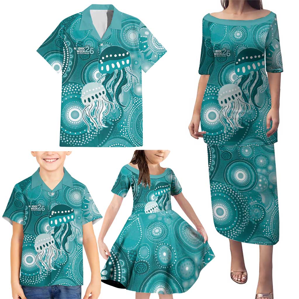 NAIDOC Deadly 50 Years Family Matching Puletasi and Hawaiian Shirt Jellyfish Aboriginal Culture Inspired Turquoise