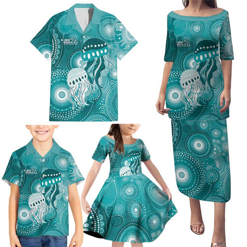 NAIDOC Deadly 50 Years Family Matching Puletasi and Hawaiian Shirt Jellyfish Aboriginal Culture Inspired Turquoise