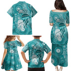 NAIDOC Deadly 50 Years Family Matching Puletasi and Hawaiian Shirt Jellyfish Aboriginal Culture Inspired Turquoise