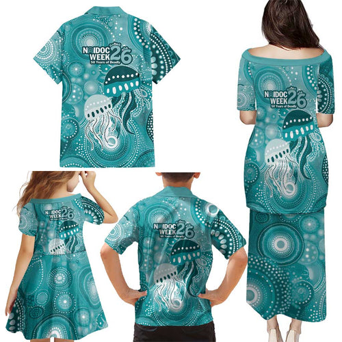 NAIDOC Deadly 50 Years Family Matching Puletasi and Hawaiian Shirt Jellyfish Aboriginal Culture Inspired Turquoise