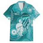 NAIDOC Deadly 50 Years Family Matching Puletasi and Hawaiian Shirt Jellyfish Aboriginal Culture Inspired Turquoise