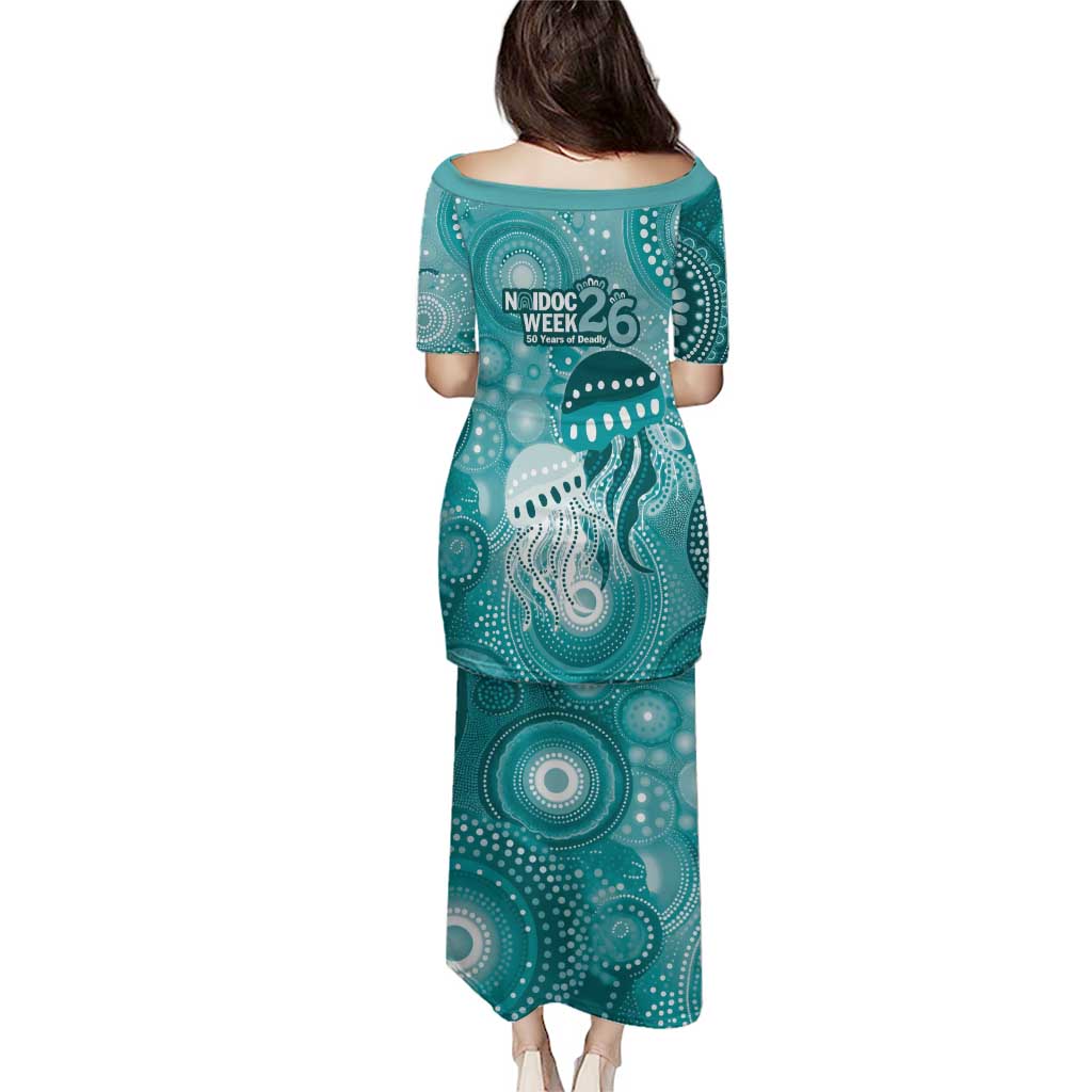 NAIDOC Deadly 50 Years Family Matching Puletasi and Hawaiian Shirt Jellyfish Aboriginal Culture Inspired Turquoise