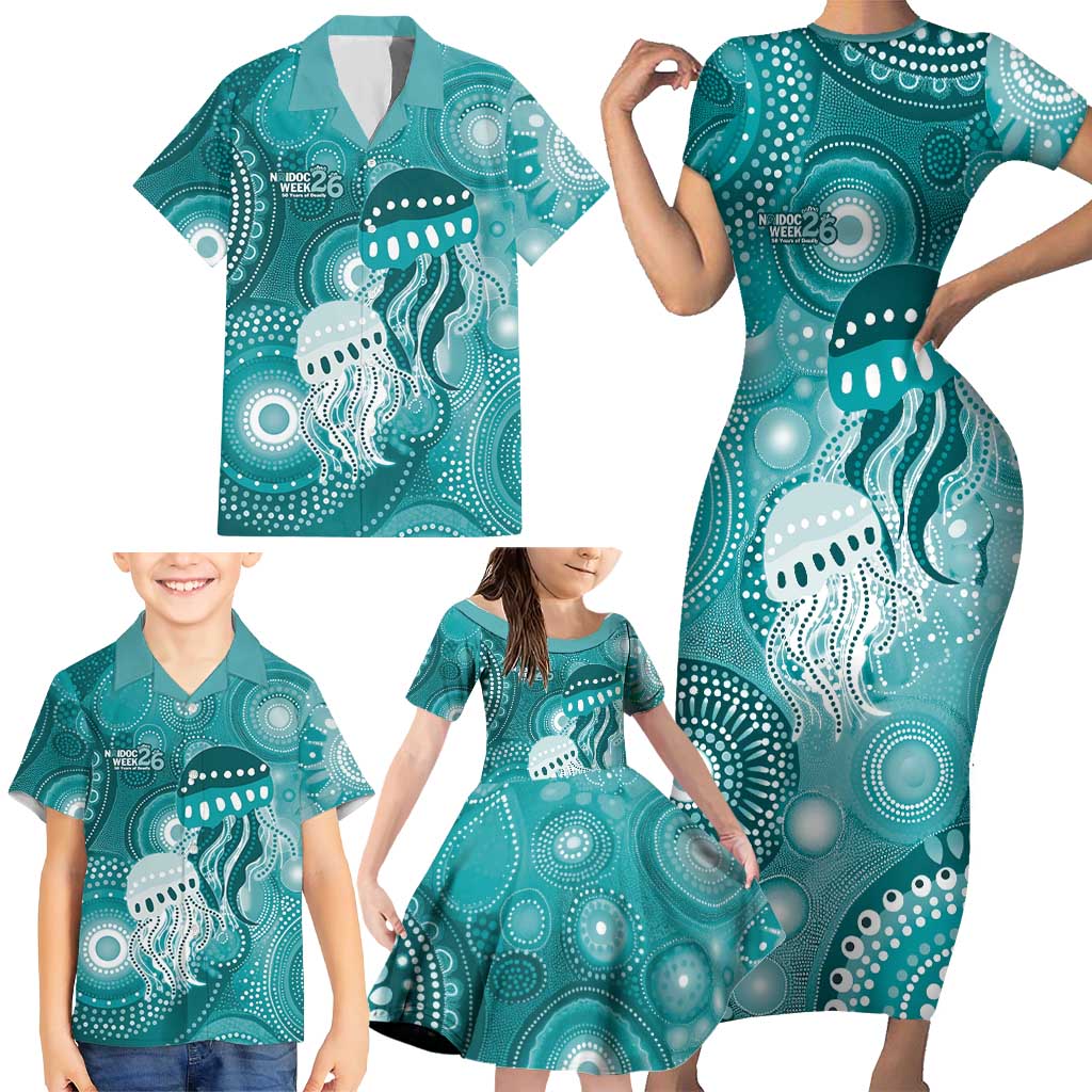 NAIDOC Deadly 50 Years Family Matching Short Sleeve Bodycon Dress and Hawaiian Shirt Jellyfish Aboriginal Culture Inspired Turquoise