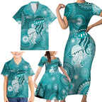 NAIDOC Deadly 50 Years Family Matching Short Sleeve Bodycon Dress and Hawaiian Shirt Jellyfish Aboriginal Culture Inspired Turquoise