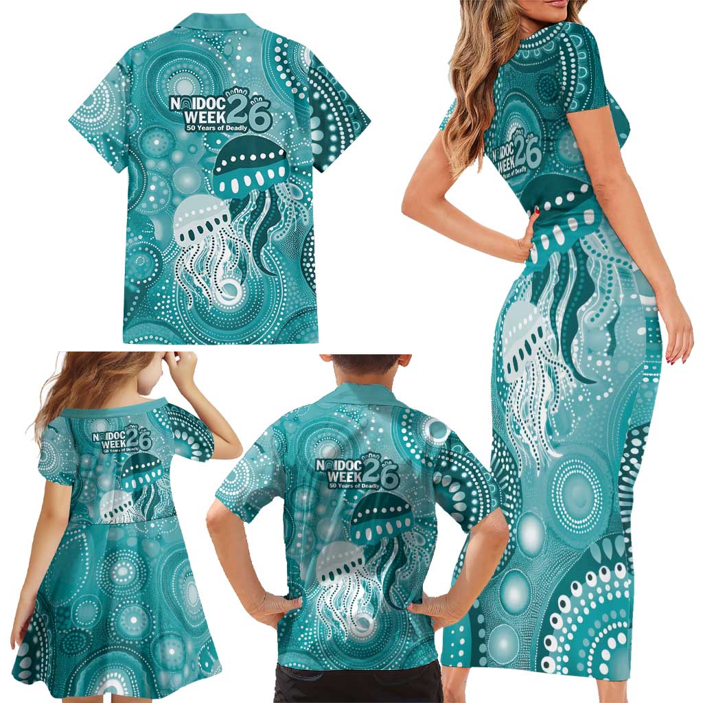 NAIDOC Deadly 50 Years Family Matching Short Sleeve Bodycon Dress and Hawaiian Shirt Jellyfish Aboriginal Culture Inspired Turquoise