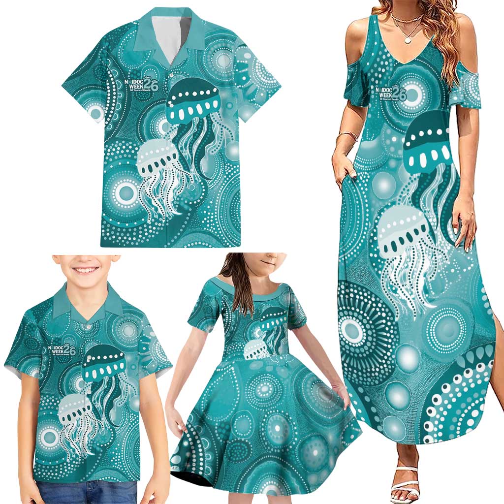 NAIDOC Deadly 50 Years Family Matching Summer Maxi Dress and Hawaiian Shirt Jellyfish Aboriginal Culture Inspired Turquoise
