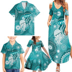 NAIDOC Deadly 50 Years Family Matching Summer Maxi Dress and Hawaiian Shirt Jellyfish Aboriginal Culture Inspired Turquoise