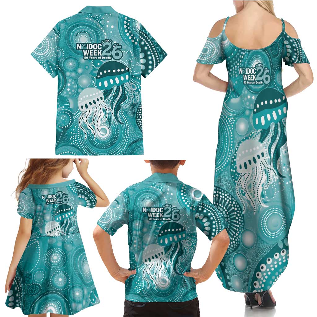 NAIDOC Deadly 50 Years Family Matching Summer Maxi Dress and Hawaiian Shirt Jellyfish Aboriginal Culture Inspired Turquoise