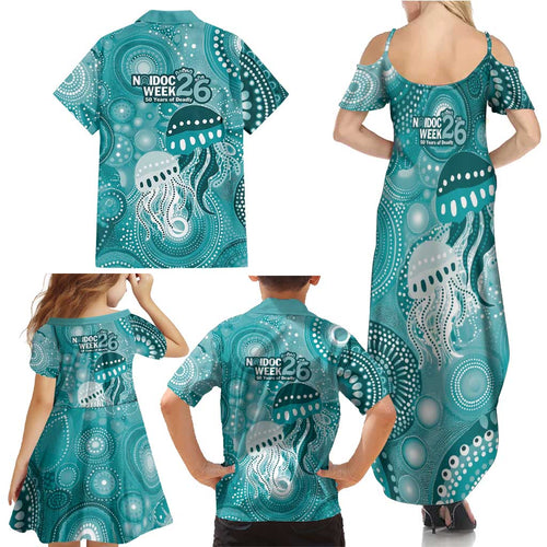 NAIDOC Deadly 50 Years Family Matching Summer Maxi Dress and Hawaiian Shirt Jellyfish Aboriginal Culture Inspired Turquoise