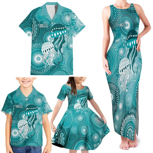 NAIDOC Deadly 50 Years Family Matching Tank Maxi Dress and Hawaiian Shirt Jellyfish Aboriginal Culture Inspired Turquoise