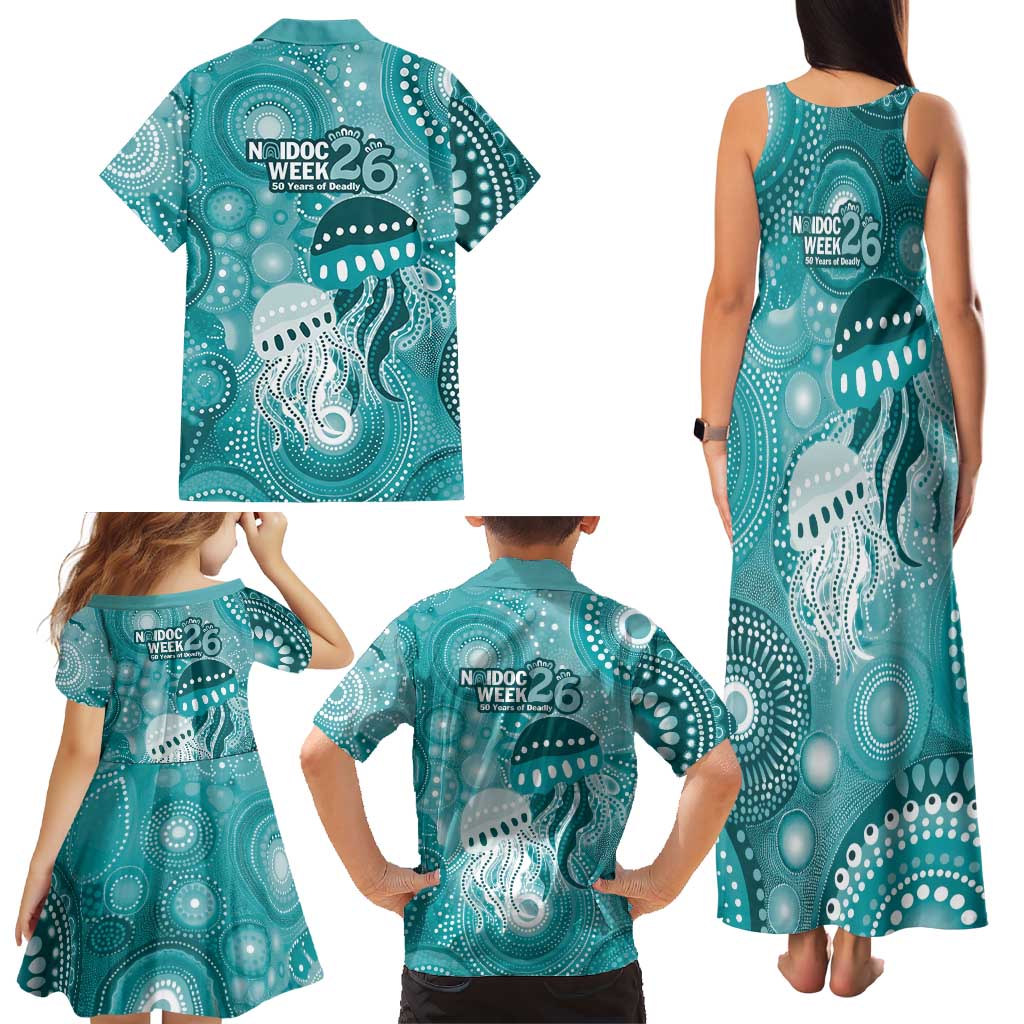 NAIDOC Deadly 50 Years Family Matching Tank Maxi Dress and Hawaiian Shirt Jellyfish Aboriginal Culture Inspired Turquoise