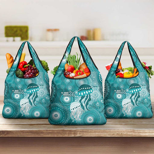 NAIDOC Deadly 50 Years Grocery Bag Jellyfish Aboriginal Culture Inspired Turquoise
