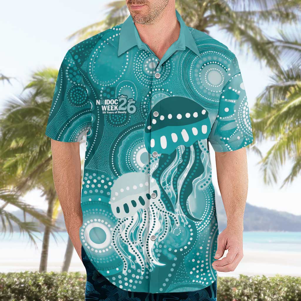 NAIDOC Deadly 50 Years Hawaiian Shirt Jellyfish Aboriginal Culture Inspired Turquoise