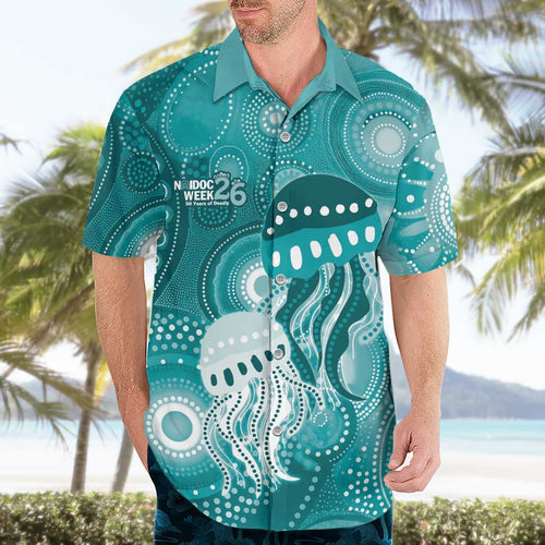 NAIDOC Deadly 50 Years Hawaiian Shirt Jellyfish Aboriginal Culture Inspired Turquoise
