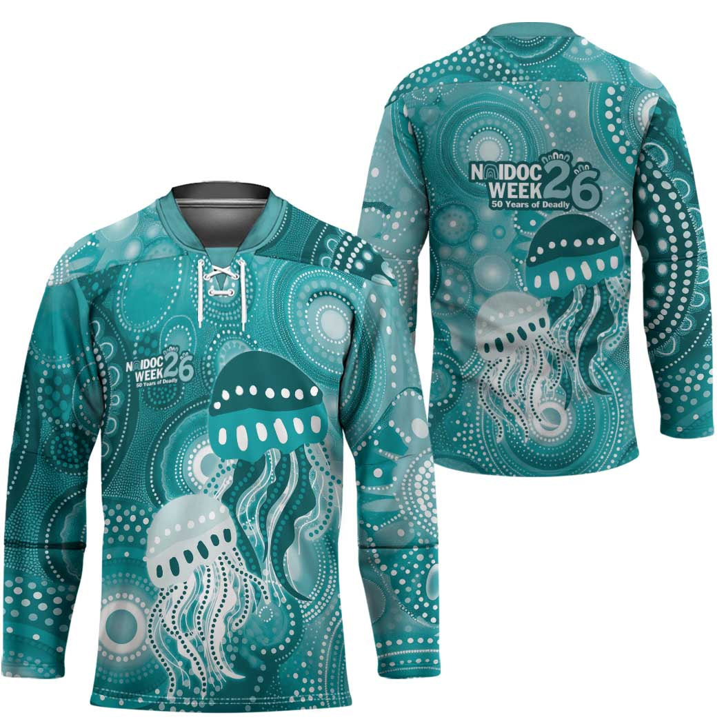 NAIDOC Deadly 50 Years Hockey Jersey Jellyfish Aboriginal Culture Inspired Turquoise