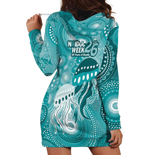 NAIDOC Deadly 50 Years Hoodie Dress Jellyfish Aboriginal Culture Inspired Turquoise