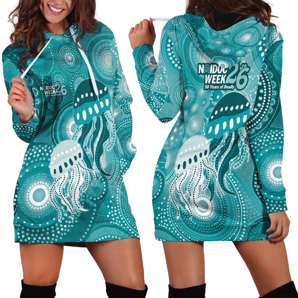 NAIDOC Deadly 50 Years Hoodie Dress Jellyfish Aboriginal Culture Inspired Turquoise