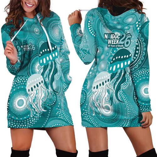 NAIDOC Deadly 50 Years Hoodie Dress Jellyfish Aboriginal Culture Inspired Turquoise