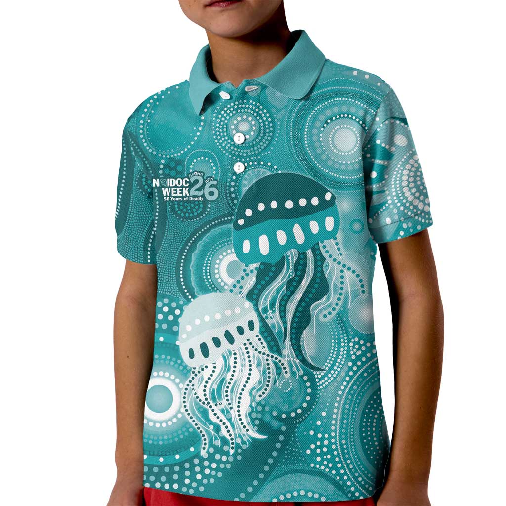 NAIDOC Deadly 50 Years Kid Polo Shirt Jellyfish Aboriginal Culture Inspired Turquoise