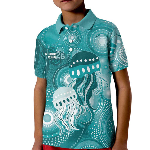 NAIDOC Deadly 50 Years Kid Polo Shirt Jellyfish Aboriginal Culture Inspired Turquoise