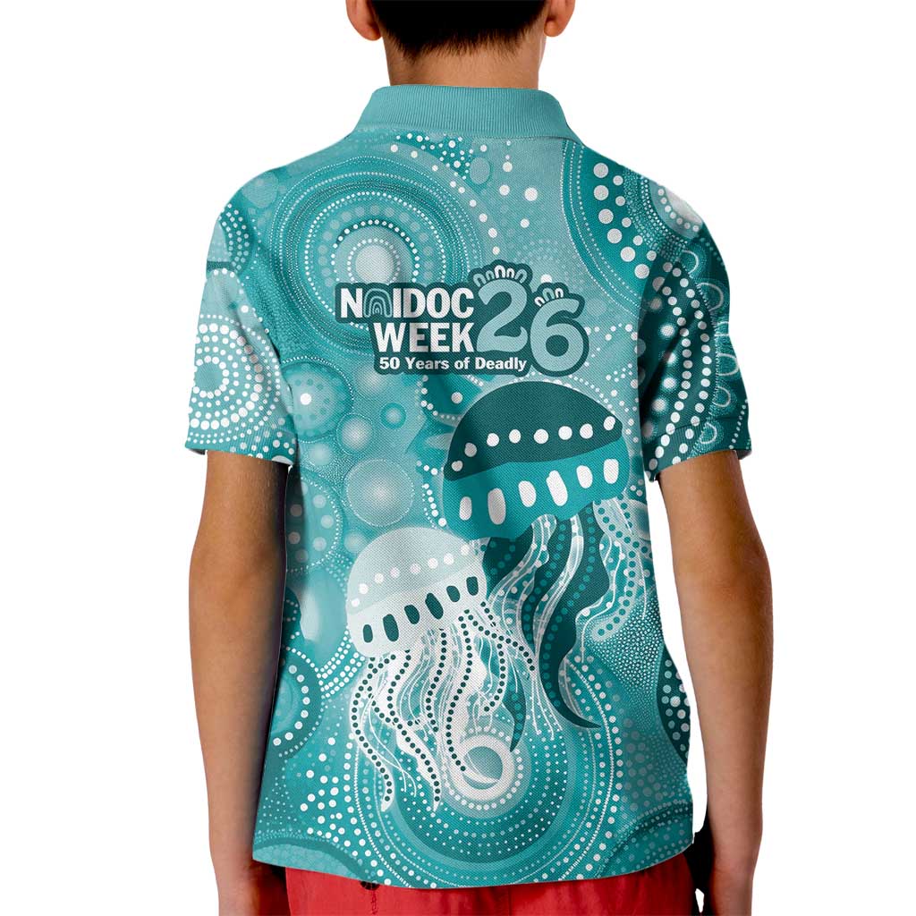 NAIDOC Deadly 50 Years Kid Polo Shirt Jellyfish Aboriginal Culture Inspired Turquoise