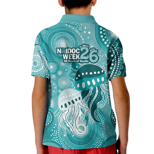 NAIDOC Deadly 50 Years Kid Polo Shirt Jellyfish Aboriginal Culture Inspired Turquoise