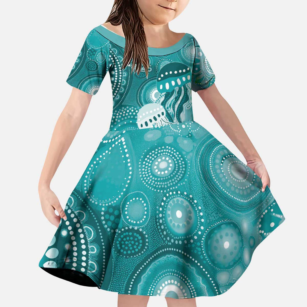 NAIDOC Deadly 50 Years Kid Short Sleeve Dress Jellyfish Aboriginal Culture Inspired Turquoise