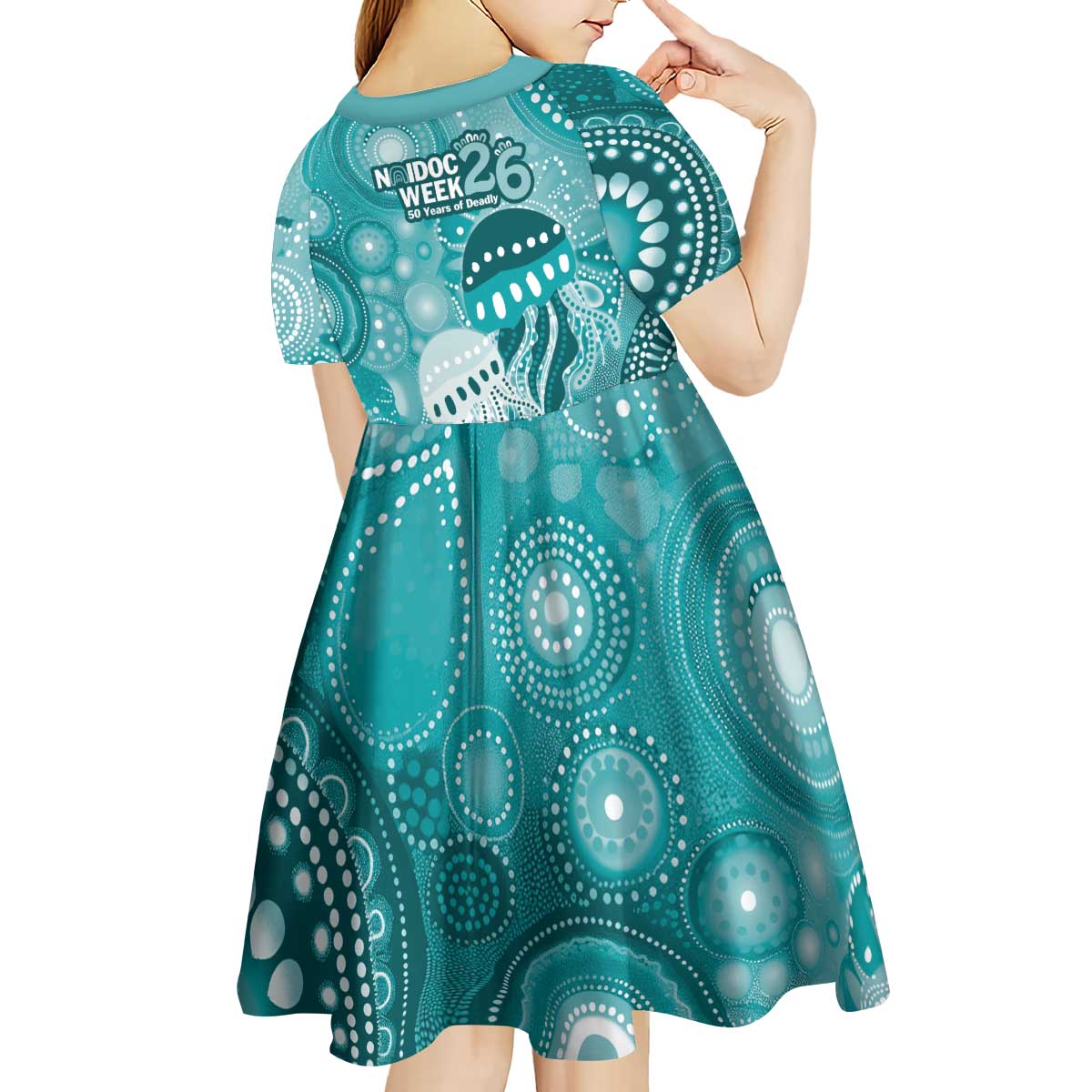 NAIDOC Deadly 50 Years Kid Short Sleeve Dress Jellyfish Aboriginal Culture Inspired Turquoise
