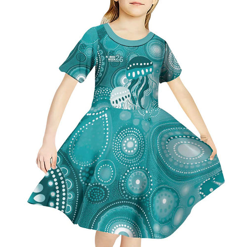 NAIDOC Deadly 50 Years Kid Short Sleeve Dress Jellyfish Aboriginal Culture Inspired Turquoise