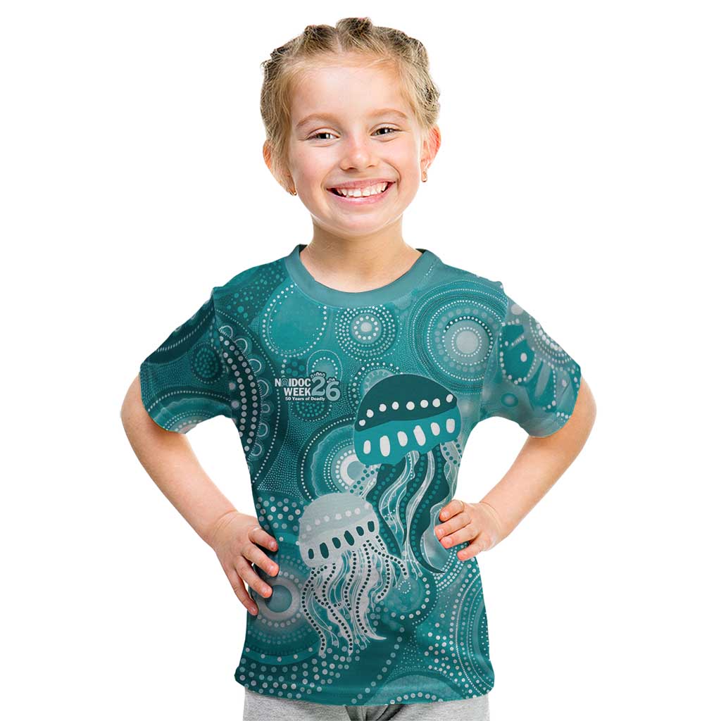 NAIDOC Deadly 50 Years Kid T Shirt Jellyfish Aboriginal Culture Inspired Turquoise