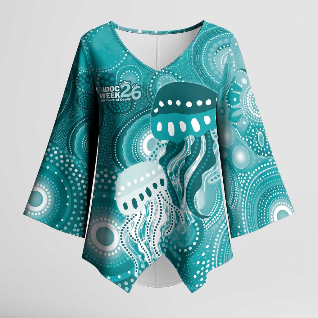 NAIDOC Deadly 50 Years Kimono Sleeve Blouse Jellyfish Aboriginal Culture Inspired Turquoise