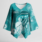 NAIDOC Deadly 50 Years Kimono Sleeve Blouse Jellyfish Aboriginal Culture Inspired Turquoise
