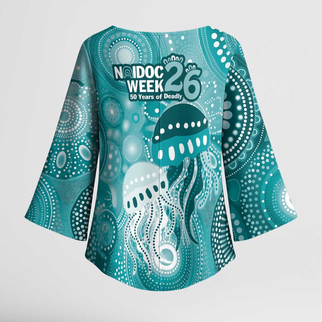 NAIDOC Deadly 50 Years Kimono Sleeve Blouse Jellyfish Aboriginal Culture Inspired Turquoise