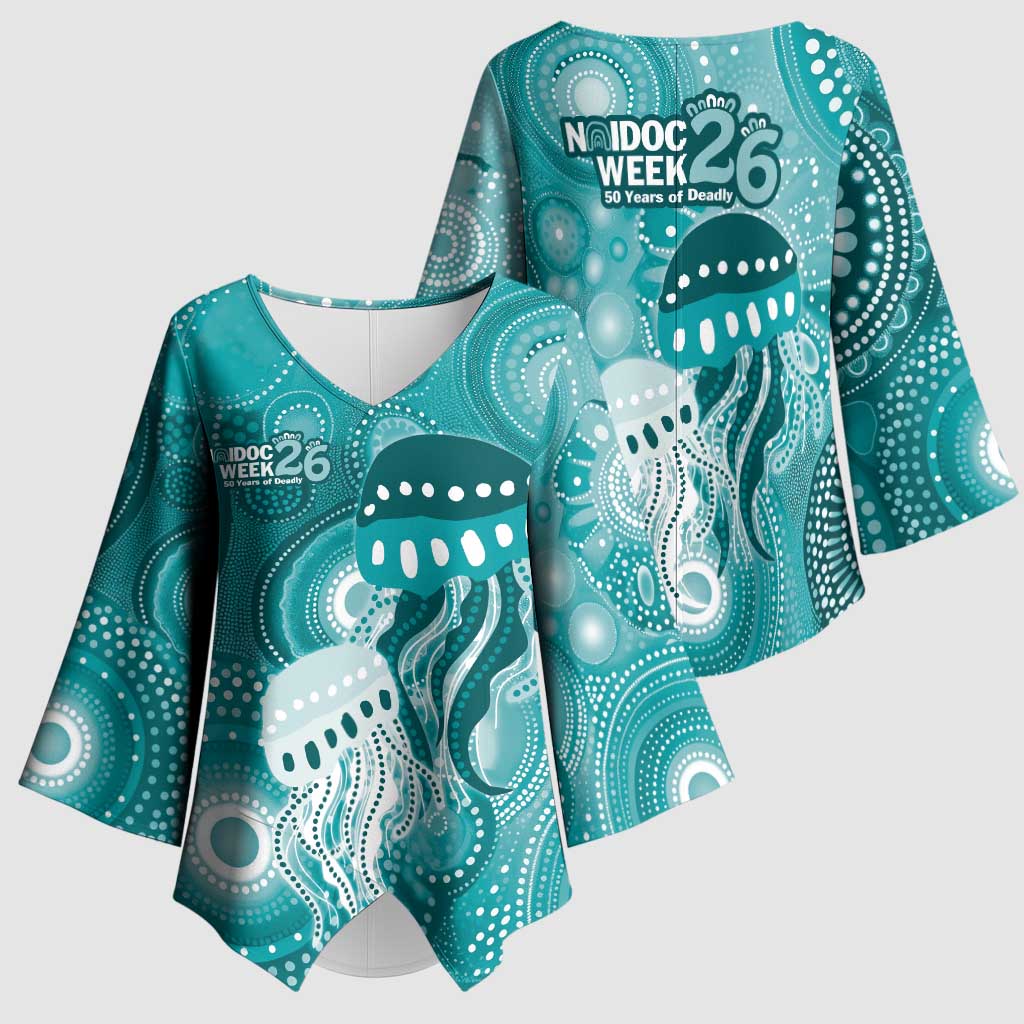 NAIDOC Deadly 50 Years Kimono Sleeve Blouse Jellyfish Aboriginal Culture Inspired Turquoise