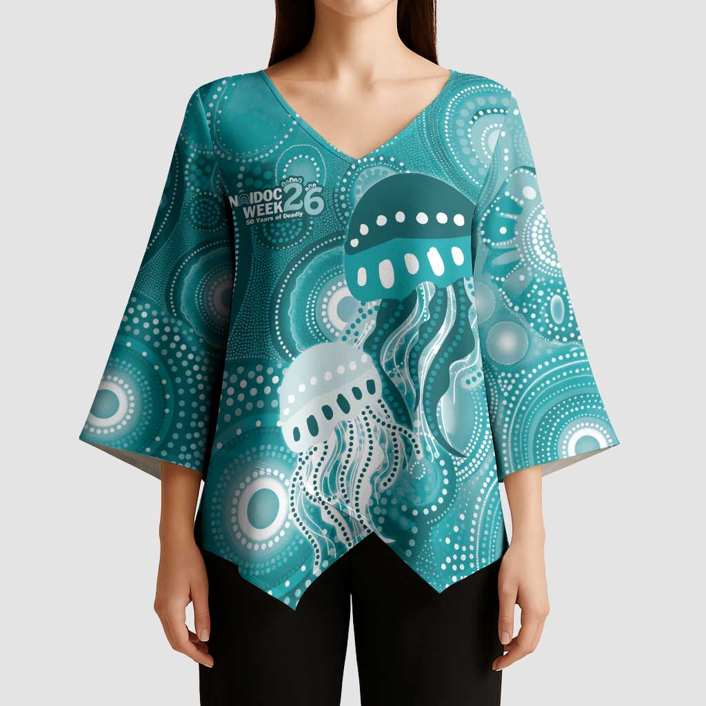 NAIDOC Deadly 50 Years Kimono Sleeve Blouse Jellyfish Aboriginal Culture Inspired Turquoise