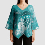 NAIDOC Deadly 50 Years Kimono Sleeve Blouse Jellyfish Aboriginal Culture Inspired Turquoise