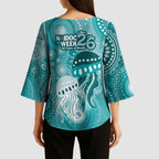 NAIDOC Deadly 50 Years Kimono Sleeve Blouse Jellyfish Aboriginal Culture Inspired Turquoise