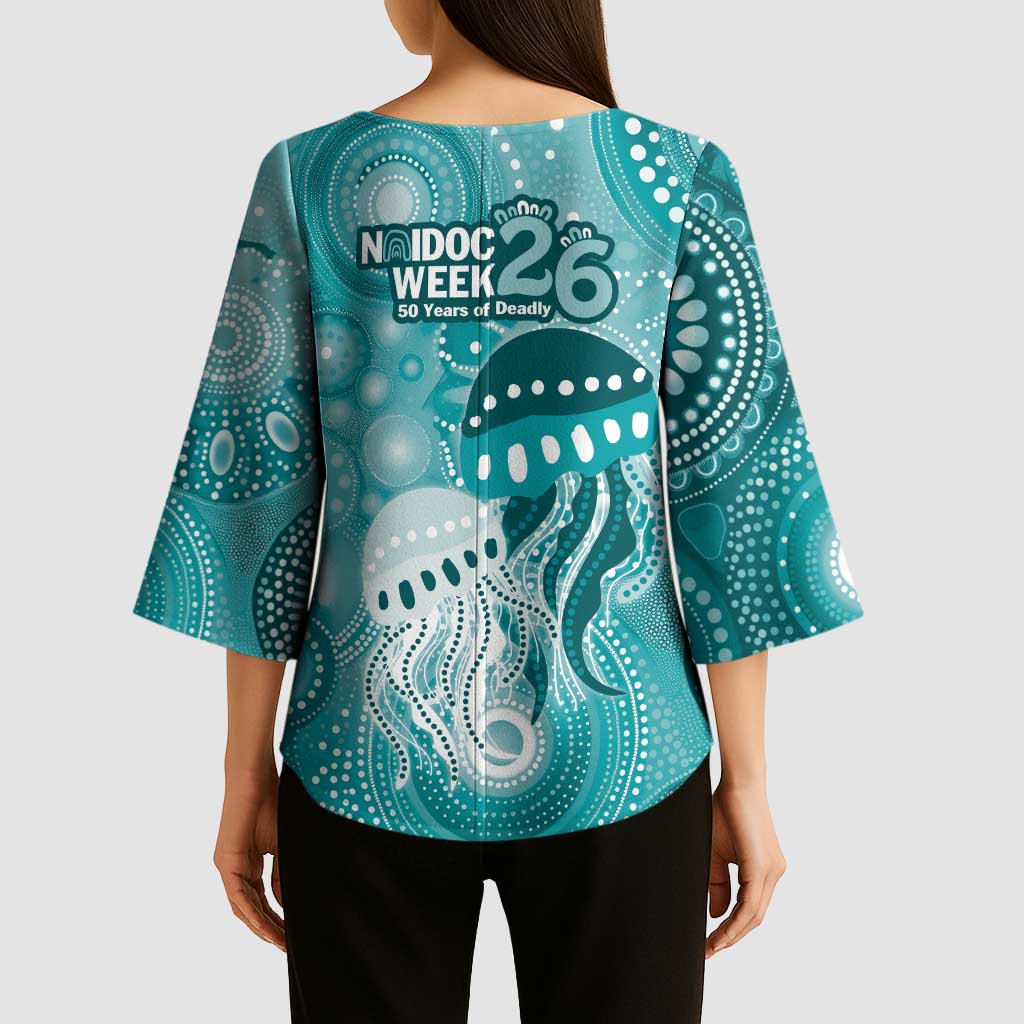 NAIDOC Deadly 50 Years Kimono Sleeve Blouse Jellyfish Aboriginal Culture Inspired Turquoise