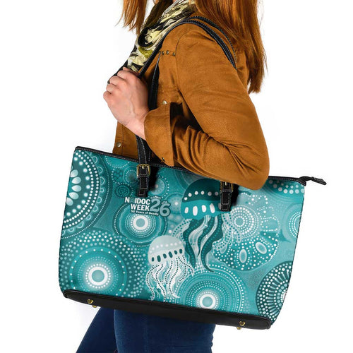 NAIDOC Deadly 50 Years Leather Tote Bag Jellyfish Aboriginal Culture Inspired Turquoise