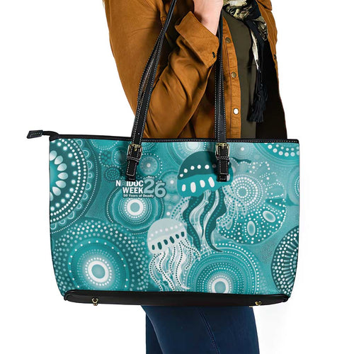 NAIDOC Deadly 50 Years Leather Tote Bag Jellyfish Aboriginal Culture Inspired Turquoise