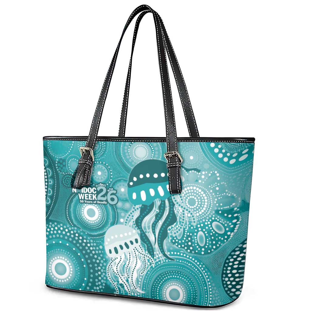 NAIDOC Deadly 50 Years Leather Tote Bag Jellyfish Aboriginal Culture Inspired Turquoise