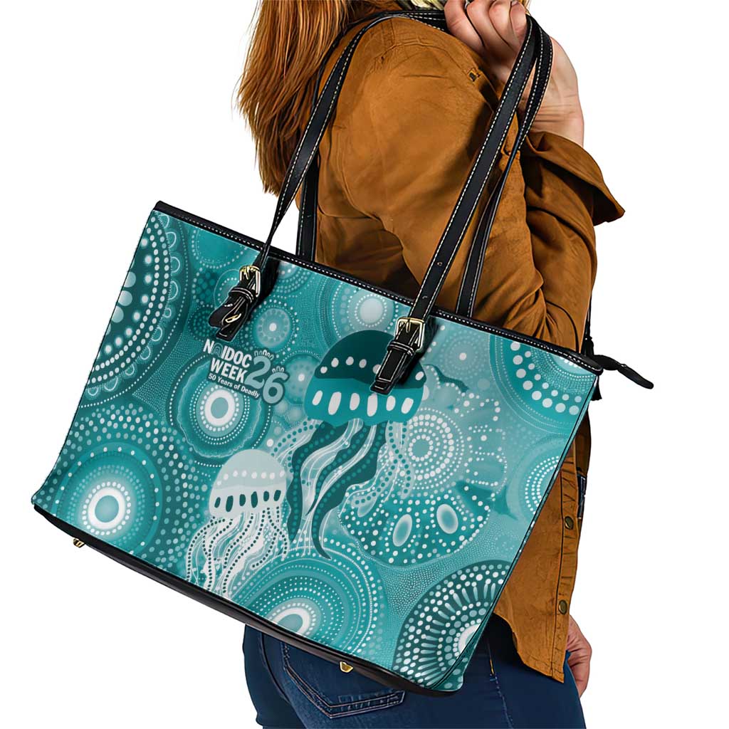 NAIDOC Deadly 50 Years Leather Tote Bag Jellyfish Aboriginal Culture Inspired Turquoise