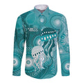 NAIDOC Deadly 50 Years Long Sleeve Button Shirt Jellyfish Aboriginal Culture Inspired Turquoise