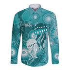 NAIDOC Deadly 50 Years Long Sleeve Button Shirt Jellyfish Aboriginal Culture Inspired Turquoise